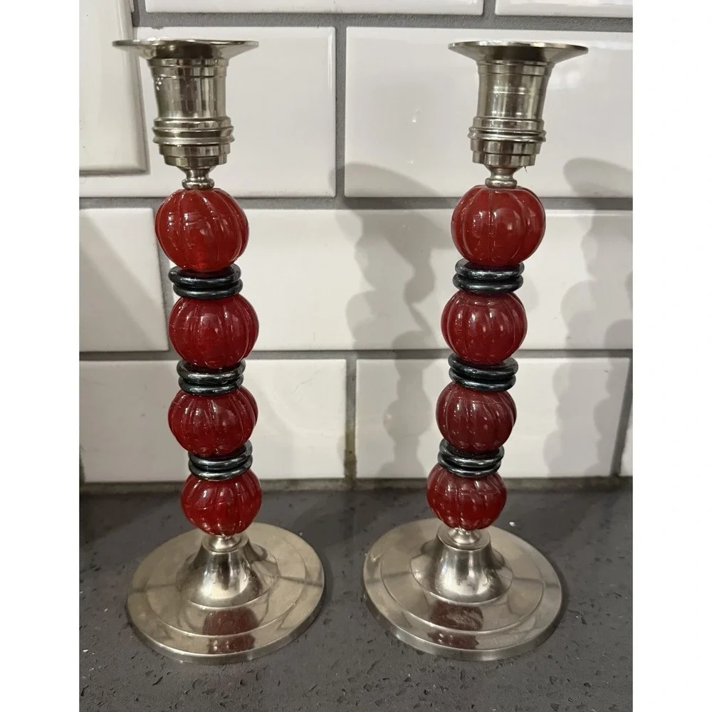 Vtg Silver Tone Red Glass Beads Candle Stick Holders Set Of 2